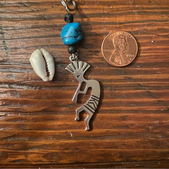 Silvertone Tribal Pendant large Kokopelli with Blue howlite nugget & lava beads - Picture 3 of 8